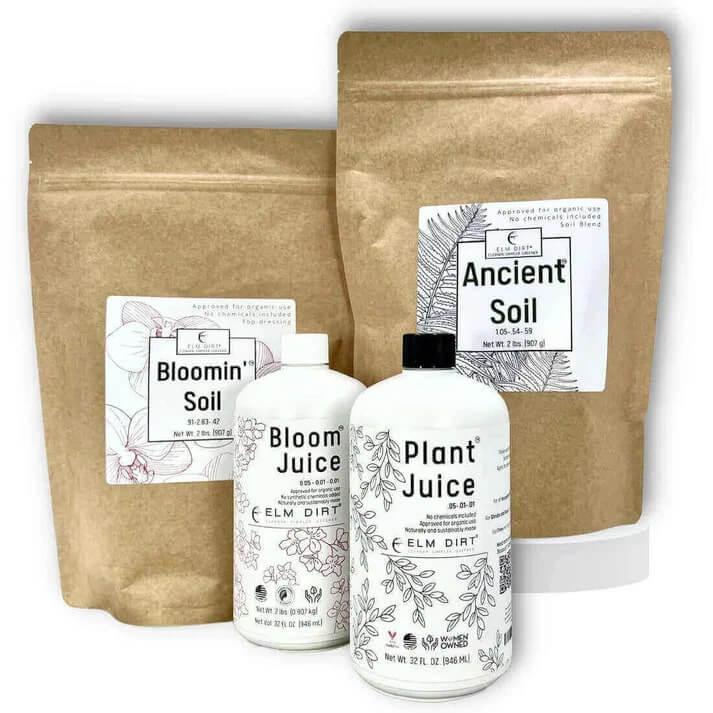 Elm Dirt Power Bundle organic gardening products laid out together – complete seedling to harvest care system
