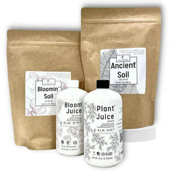 Elm Dirt Power Bundle organic gardening products laid out together – complete seedling to harvest care system
