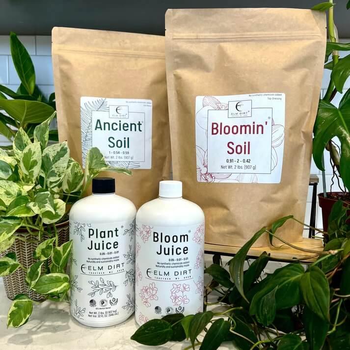Elm Dirt Power Bundle – organic garden fertilizer and soil set including Plant Juice, Bloom Juice, Ancient Soil and Bloomin' Soil
