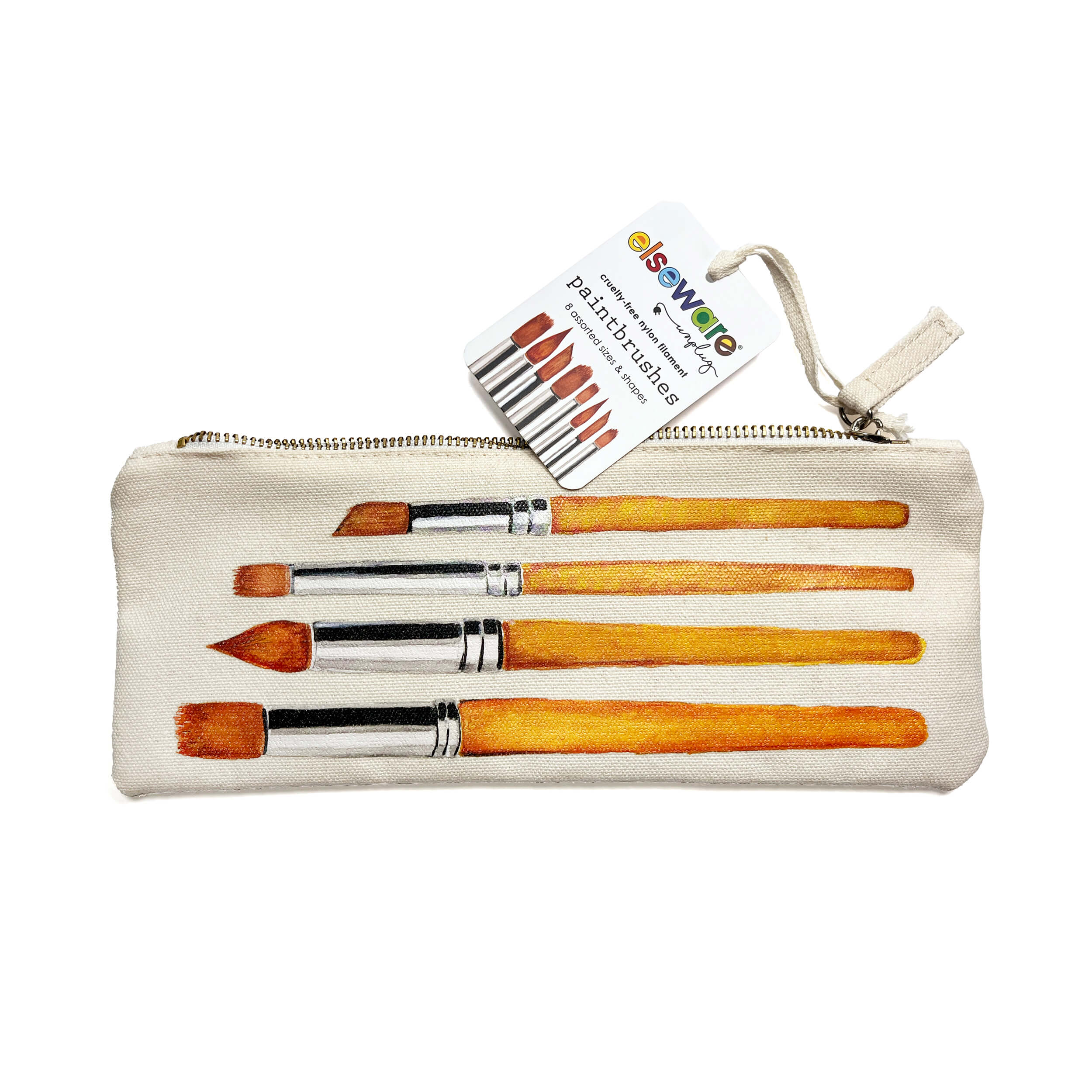 Set of paintbrushes in a pouch with a visible brand tag on a white background