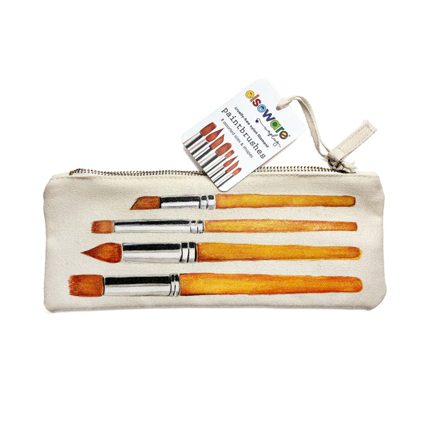 Set of paintbrushes in a pouch with a visible brand tag on a white background