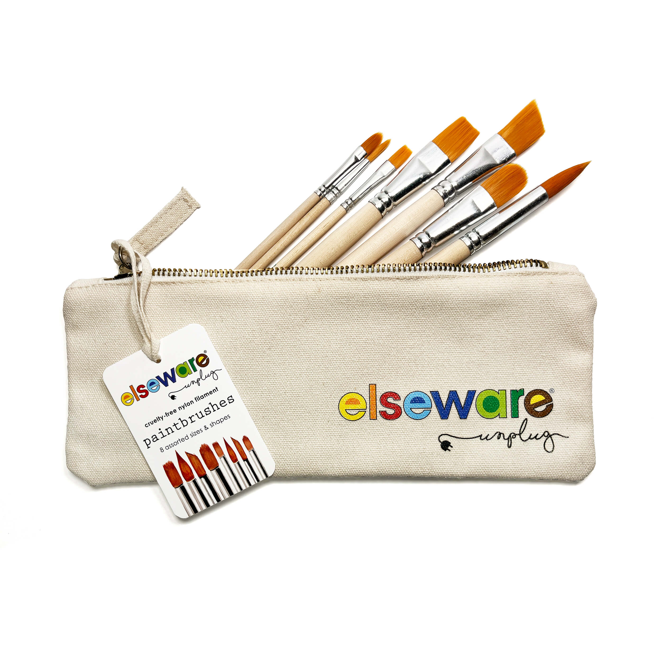 Canvas pouch with paintbrushes and a tag labeled 'elseware' on a white background