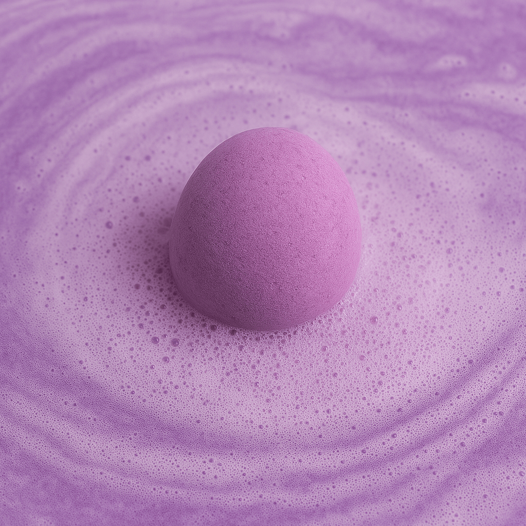 Purple bath bomb on a swirling purple bath bomb surface