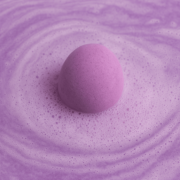 Purple bath bomb on a swirling purple bath bomb surface