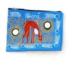 Blue pouch with colorful design featuring a horse and abstract patterns on a white background