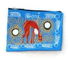 Blue pouch with colorful design featuring a horse and abstract patterns on a white background