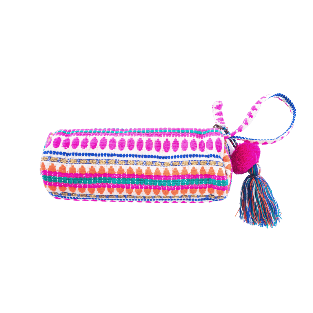 Arya embroidered zipper pouch displayed as a compact accessory