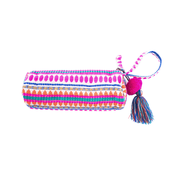 Arya embroidered zipper pouch displayed as a compact accessory
