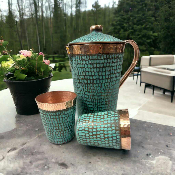 Set of One Copper Pitcher with Top and Two Tumblers, Hammered and Turquoise Patina