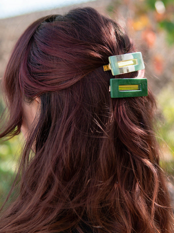 Ethically made resin hair clips by Fair Anita in complementary colour styles