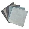 Set of five fabric swatches in various shades of gray and blue on a white background