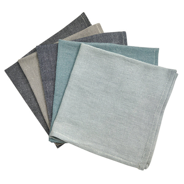 Set of five fabric swatches in various shades of gray and blue on a white background
