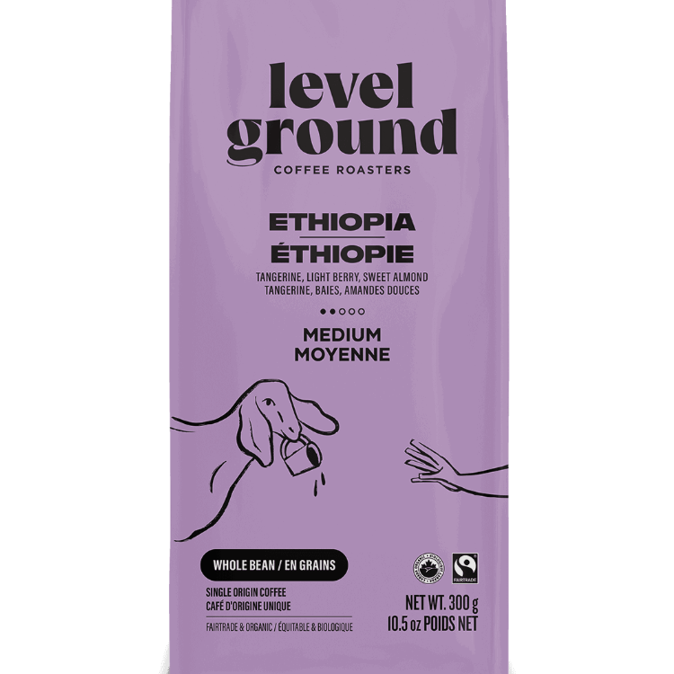 Level Ground Ethiopian Medium Roast Coffee bag — certified organic and Fair Trade, small batch roasted in Victoria BC