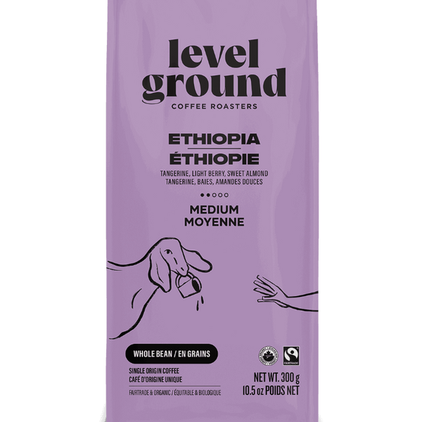 Level Ground Ethiopian Medium Roast Coffee bag — certified organic and Fair Trade, small batch roasted in Victoria BC