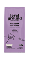 Close-up of Level Ground Ethiopian Medium Roast Coffee packaging showing tasting notes of tangerine, berry, and sweet almond