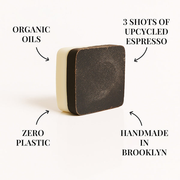 Bar of soap with text highlighting organic oils, upcycled espresso, zero plastic, and handmade in Brooklyn.