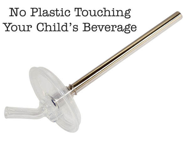 Clear plastic straw lid with text 'No Plastic Touching Your Child's Beverage' on a white background