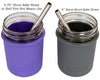 Two mason jars with straws, one purple and one gray, on a white background.