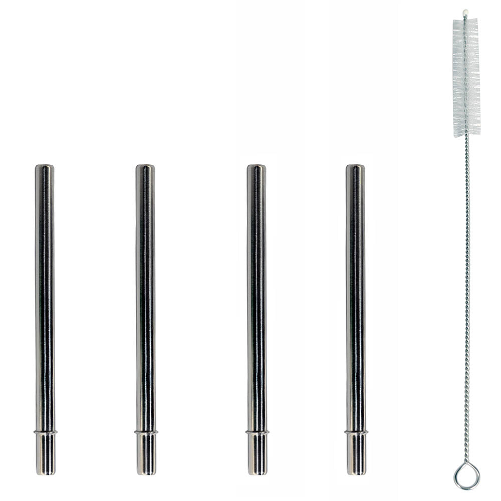 Set of four metal straws and a cleaning brush on a white background