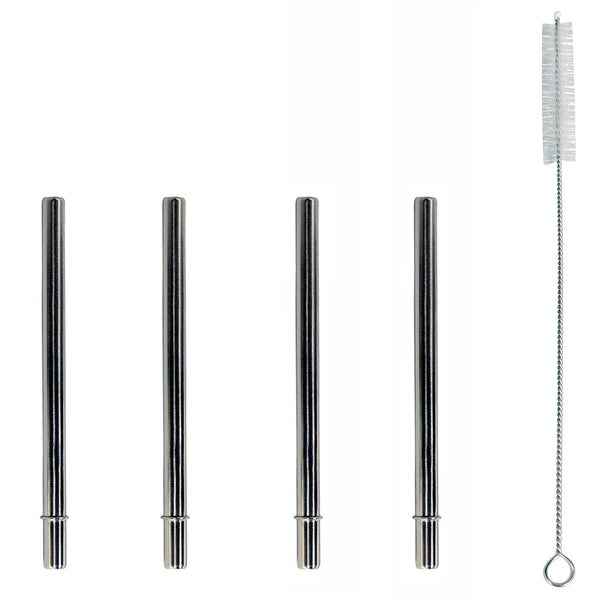 Set of four metal straws and a cleaning brush on a white background