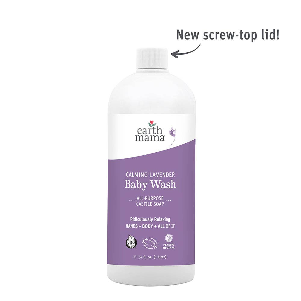 Earth Mama Organics baby wash liter refill with screw-top lid in recyclable packaging