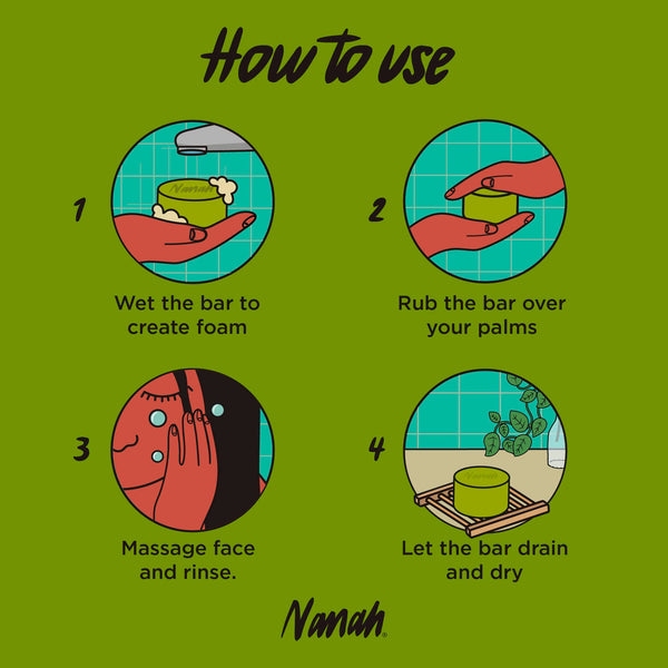 Instructions on how to use a soap bar with cartoon illustrations and text on a green background.