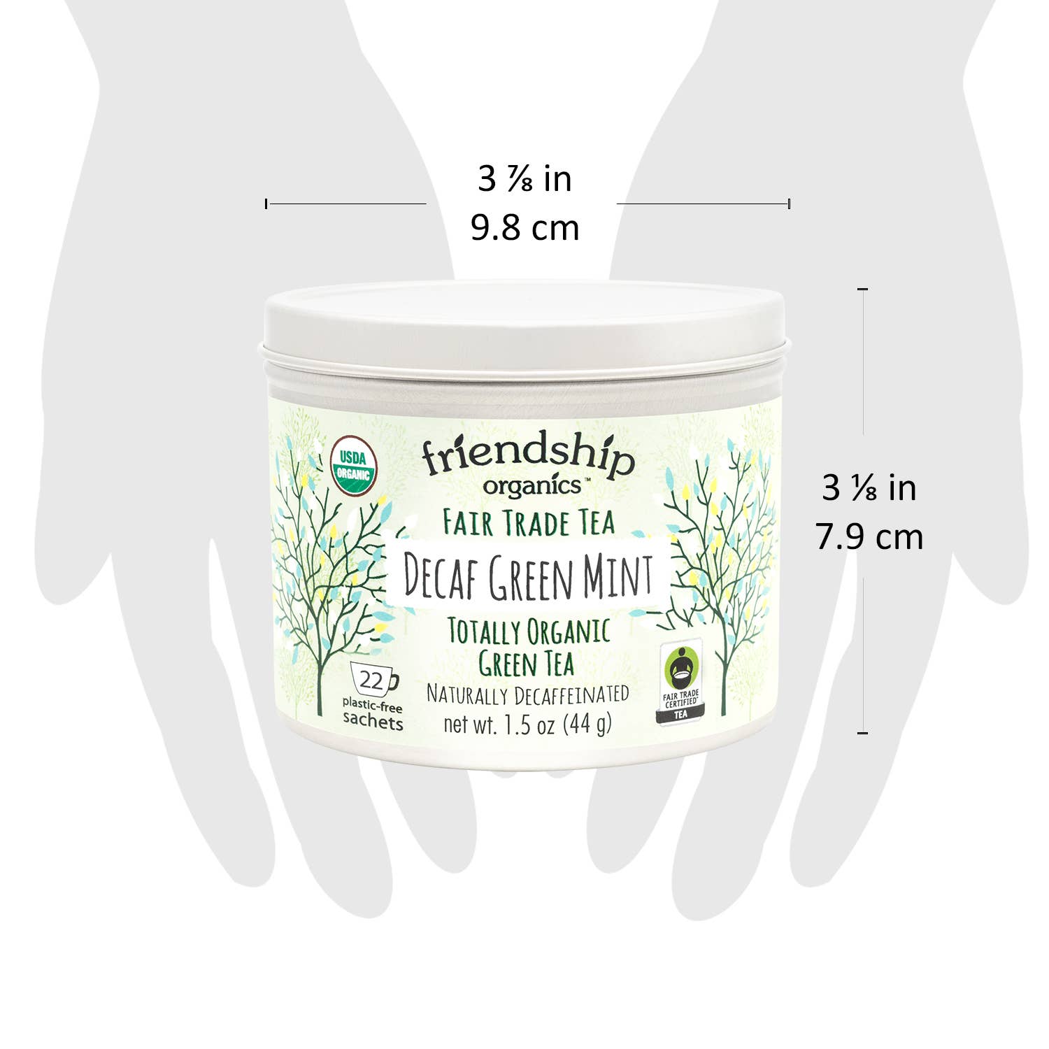 Close-up of Friendship Organics Decaf Green Mint Tea packaging showing Fair Trade and Organic certifications