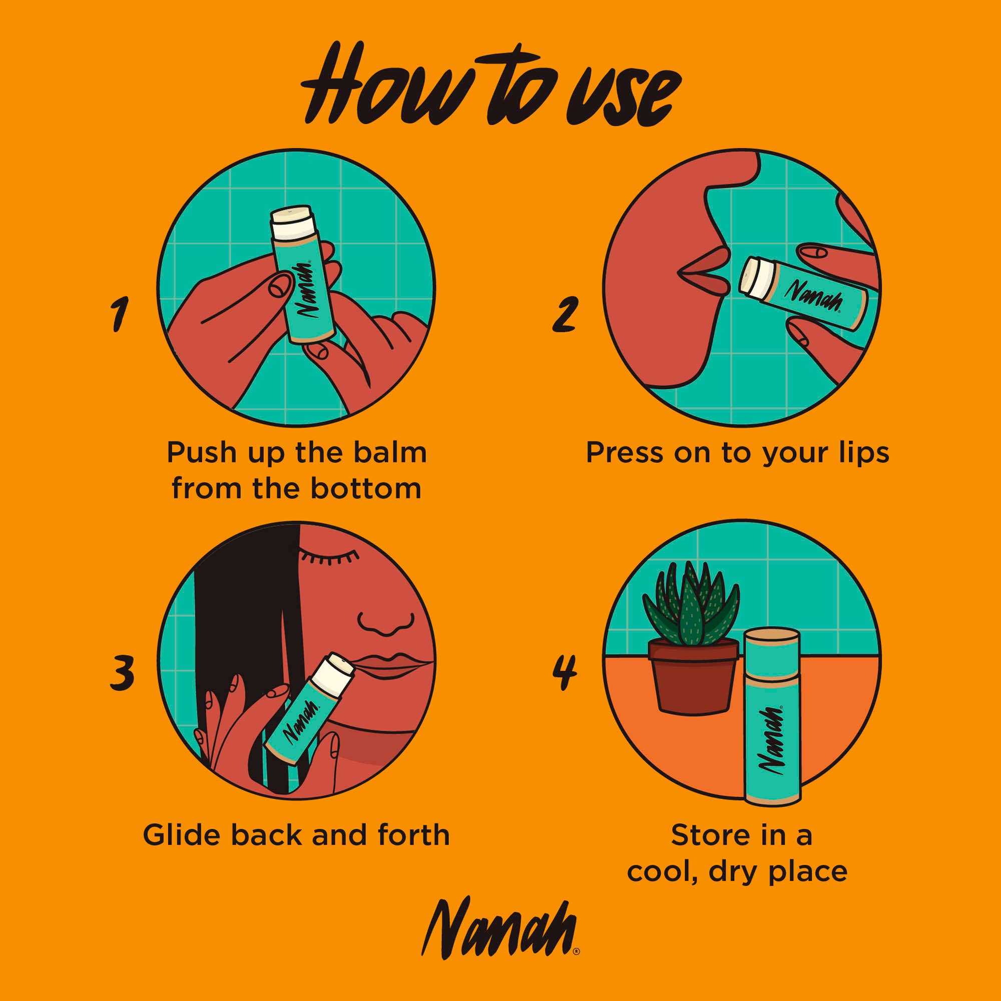 Instructions on how to use a lip balm with illustrations and text on an orange background. NANAH Mango Lip Balm with mango butter, cocoa butter & vitamin E — protects & deeply hydrates dry, chapped lips. Plastic-free & handmade. A perfect fruity gift.