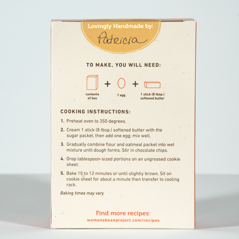 Box of cookie mix with cooking instructions and branding on a light background