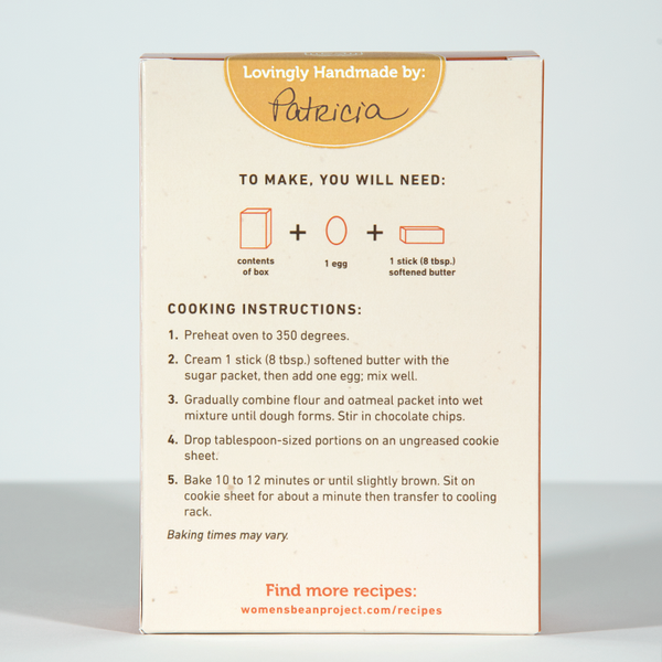 Box of cookie mix with cooking instructions and branding on a light background