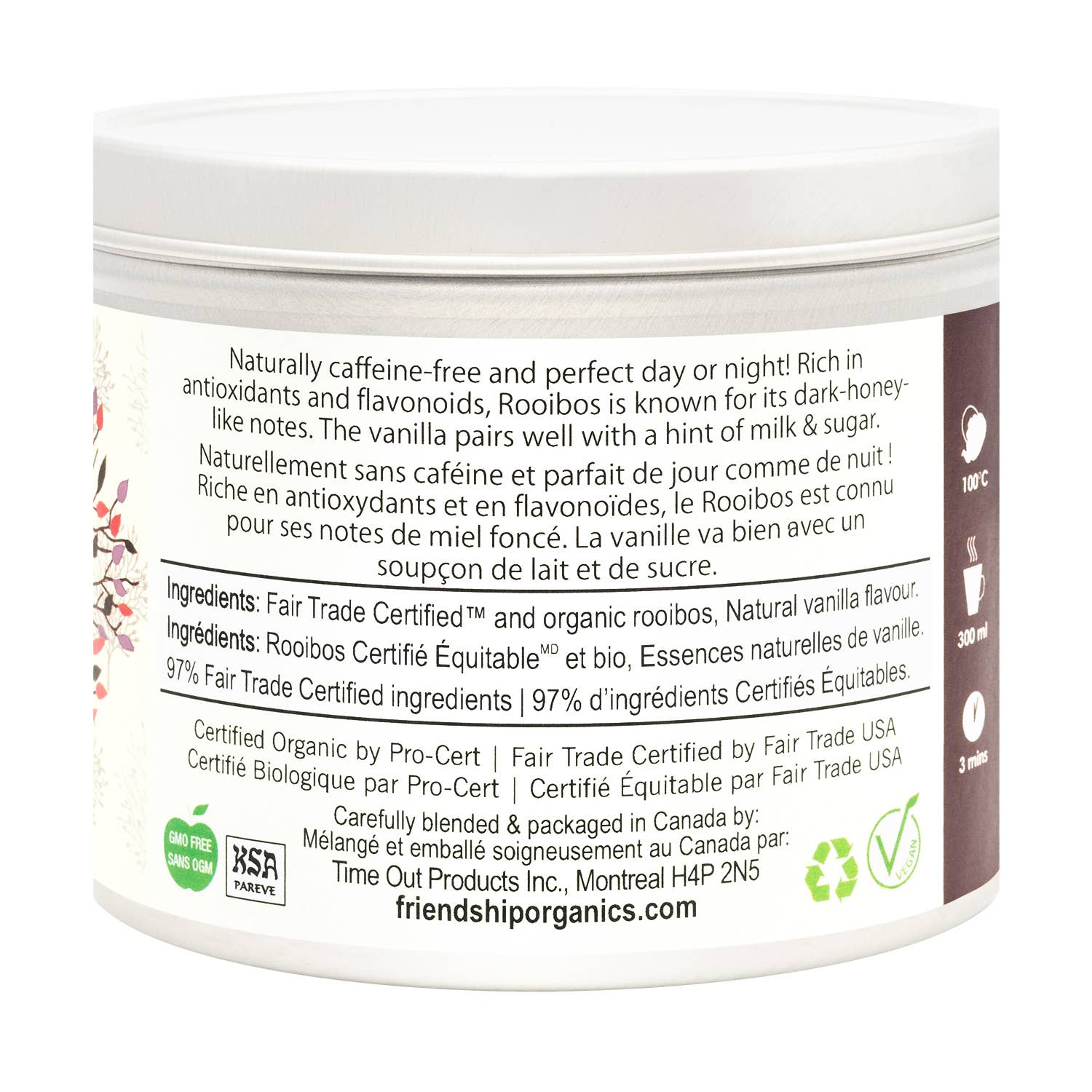 Container label with text and certification logos on a white background