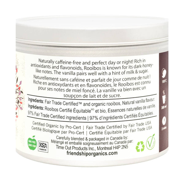 Container label with text and certification logos on a white background