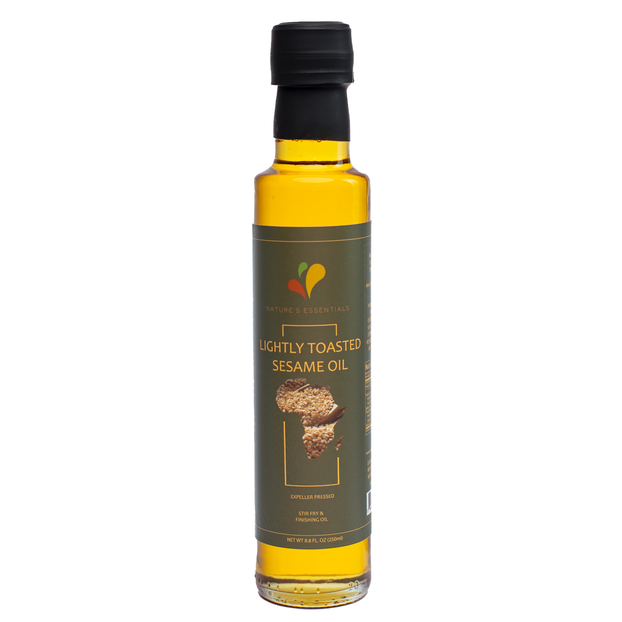 A bottle of 100% Pure Sesame Oil - Lightly Toasted, with a black cap and a label that includes an image of the sesame seed and the brand logo.