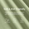 Green fabric with text about softness, durability, and elasticity