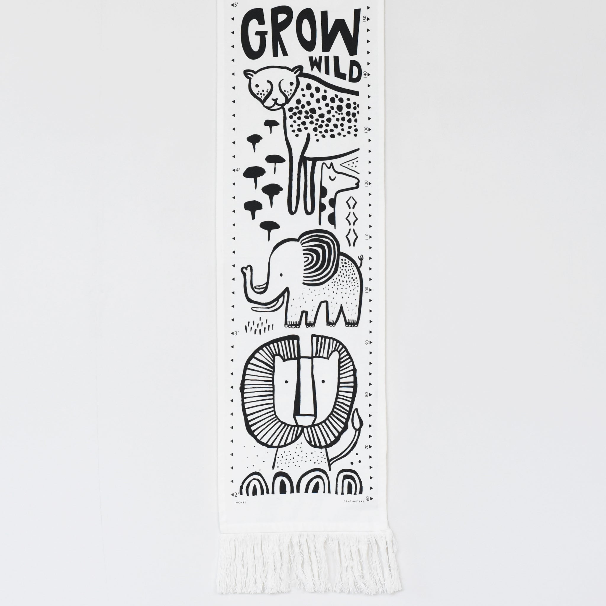 Decorative banner with black line art of animals and 'Grow Wild' text on a white background