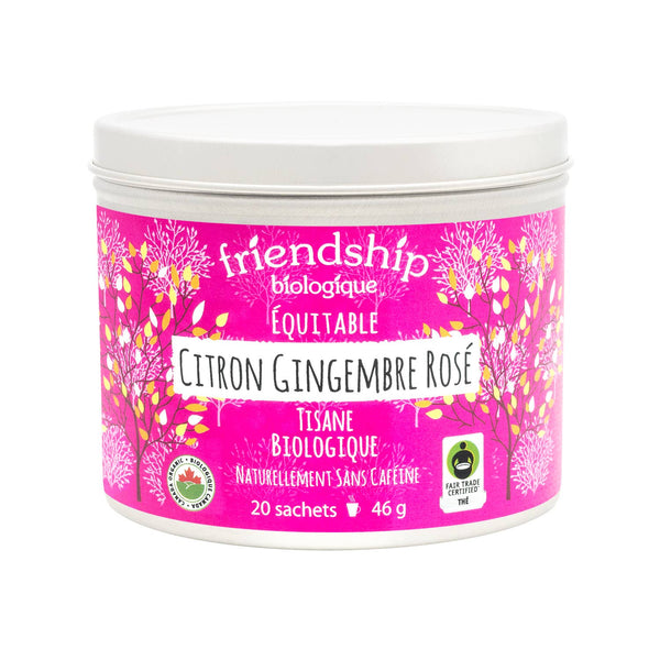 Container of Friendship Biologique Citron Gingembre Rose tea on a white background