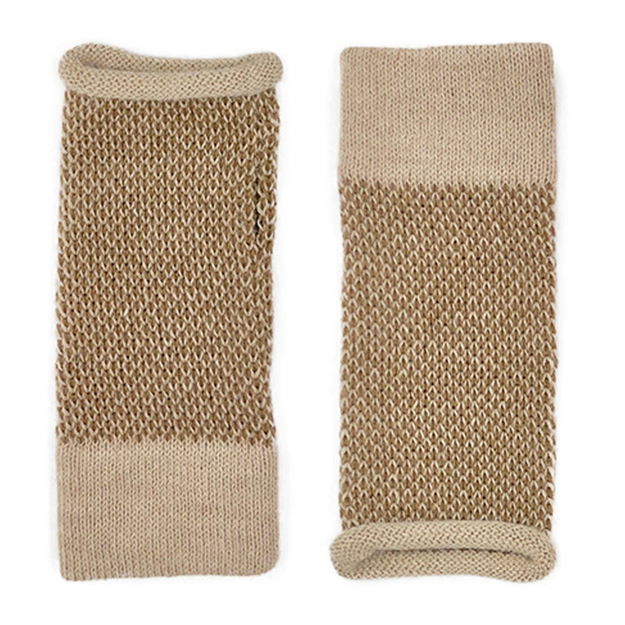 Pair of beige knitted arm warmers on a white background