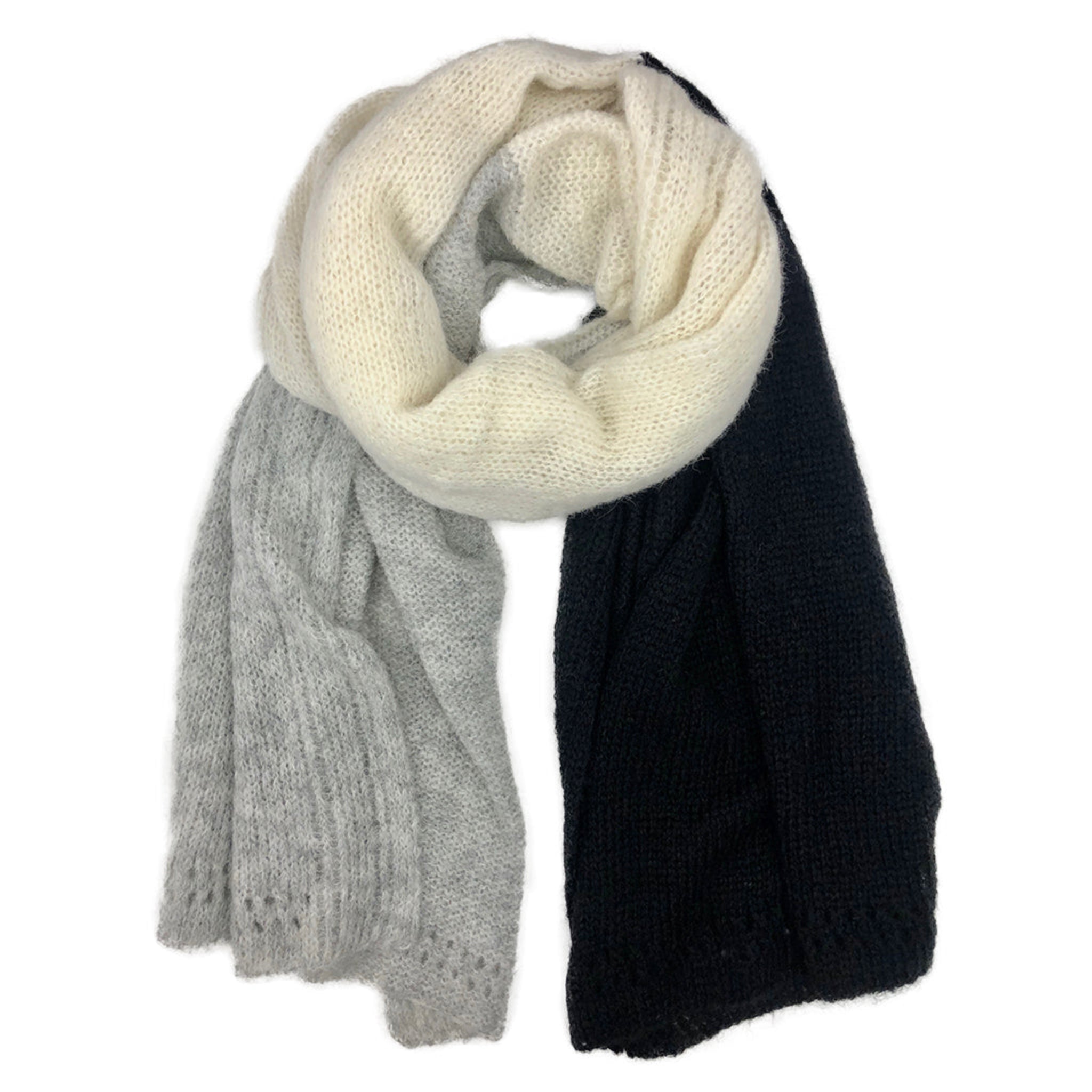 Three knitted scarves in white, gray, and black on a white background