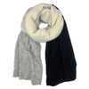 Three knitted scarves in white, gray, and black on a white background