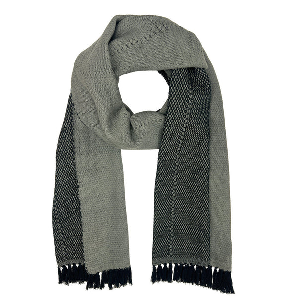Gray scarf with black mesh pattern and tassels on a white background