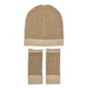 Beige knit beanie and fingerless gloves set on a white background