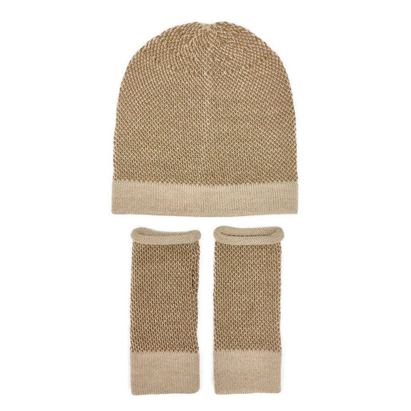 Beige knit beanie and fingerless gloves set on a white background