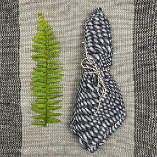Gray textured napkin with string tied around it next to a green fern leaf on a striped fabric background
