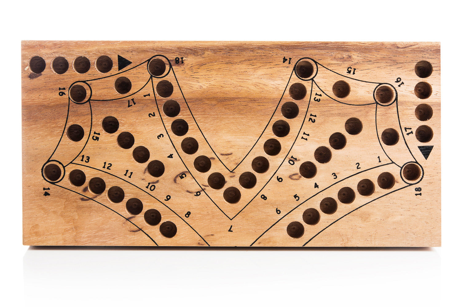 Wooden cribbage board with pegs on a white background