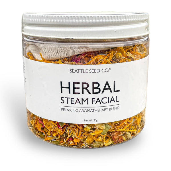 Seattle Seed Company Herbal Steam Facial Blend jar with rose, chamomile, lavender and botanical herbs