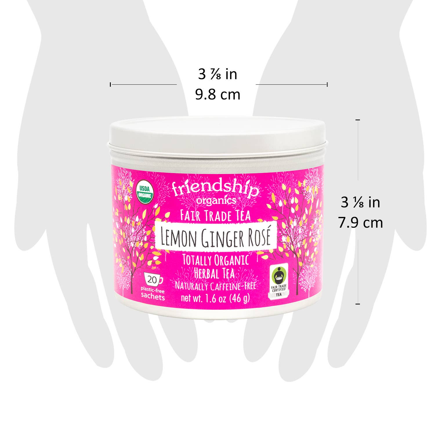 Tea packaging with pink label showing dimensions on a white background