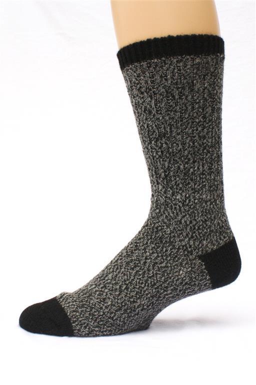Gray sock with black cuffs and toes on a white background