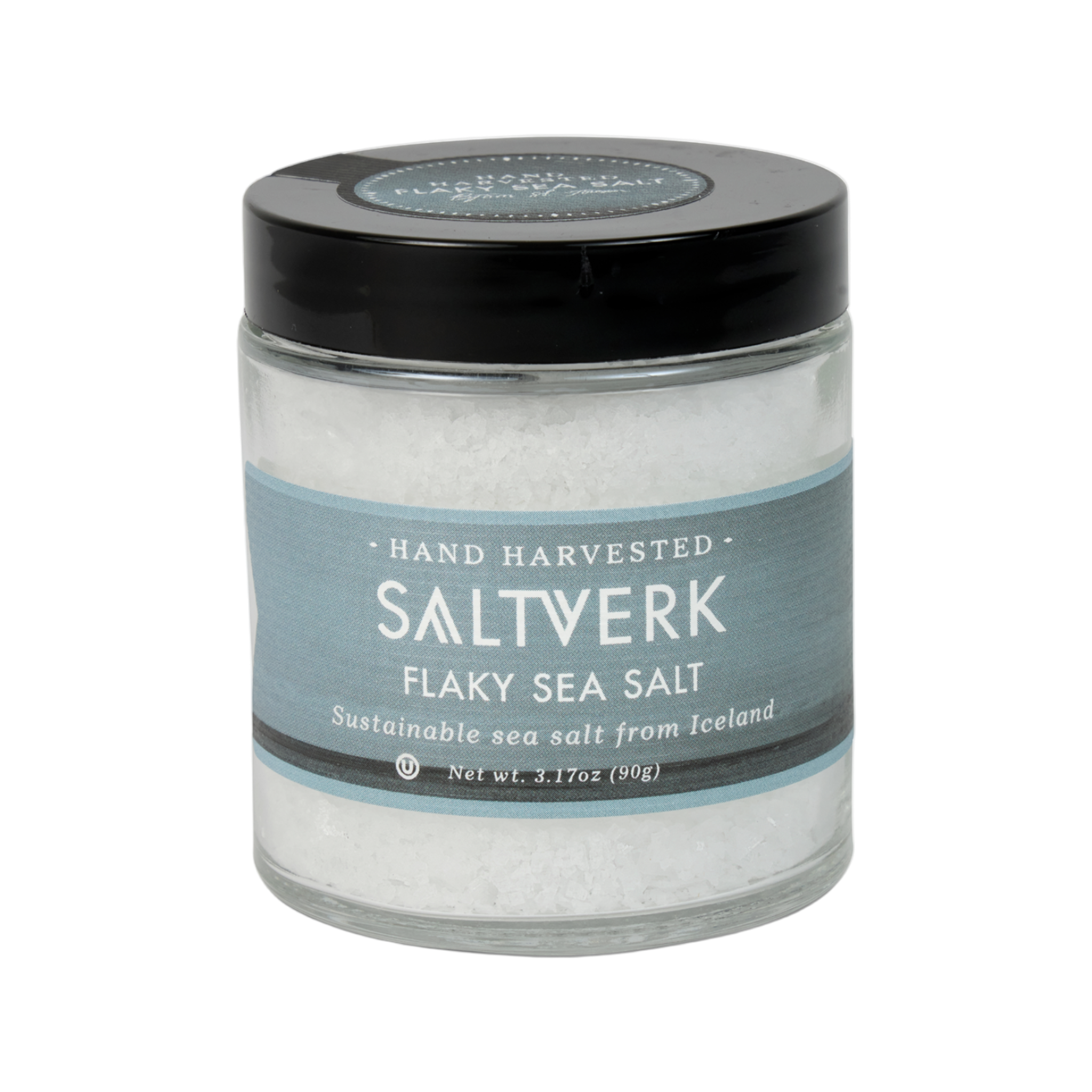 Jar of Saltverk flaky sea salt on a white background