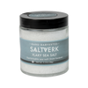 Jar of Saltverk flaky sea salt on a white background