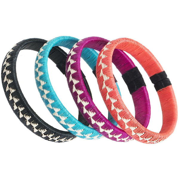 Group of woven palm flower bracelets handmade by Wounaan artisans in Colombia in multiple colours